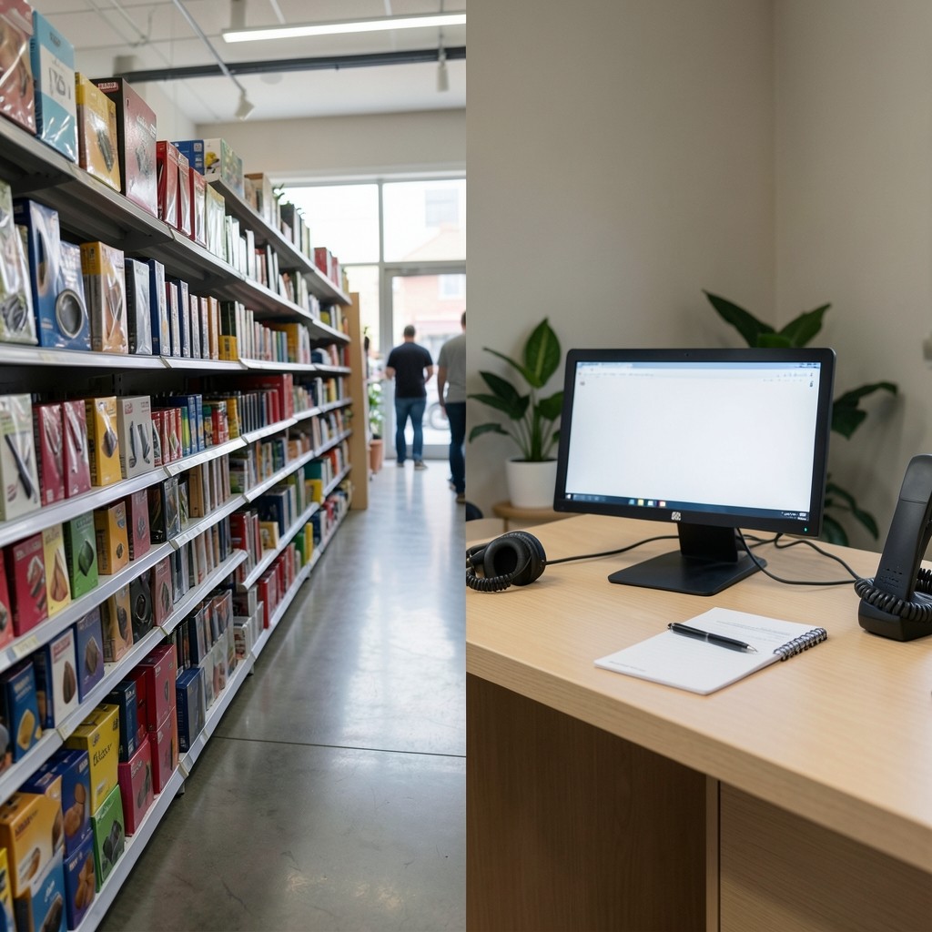 Vergleich von Filialverkauf und Telefon-Service am Arbeitsplatz