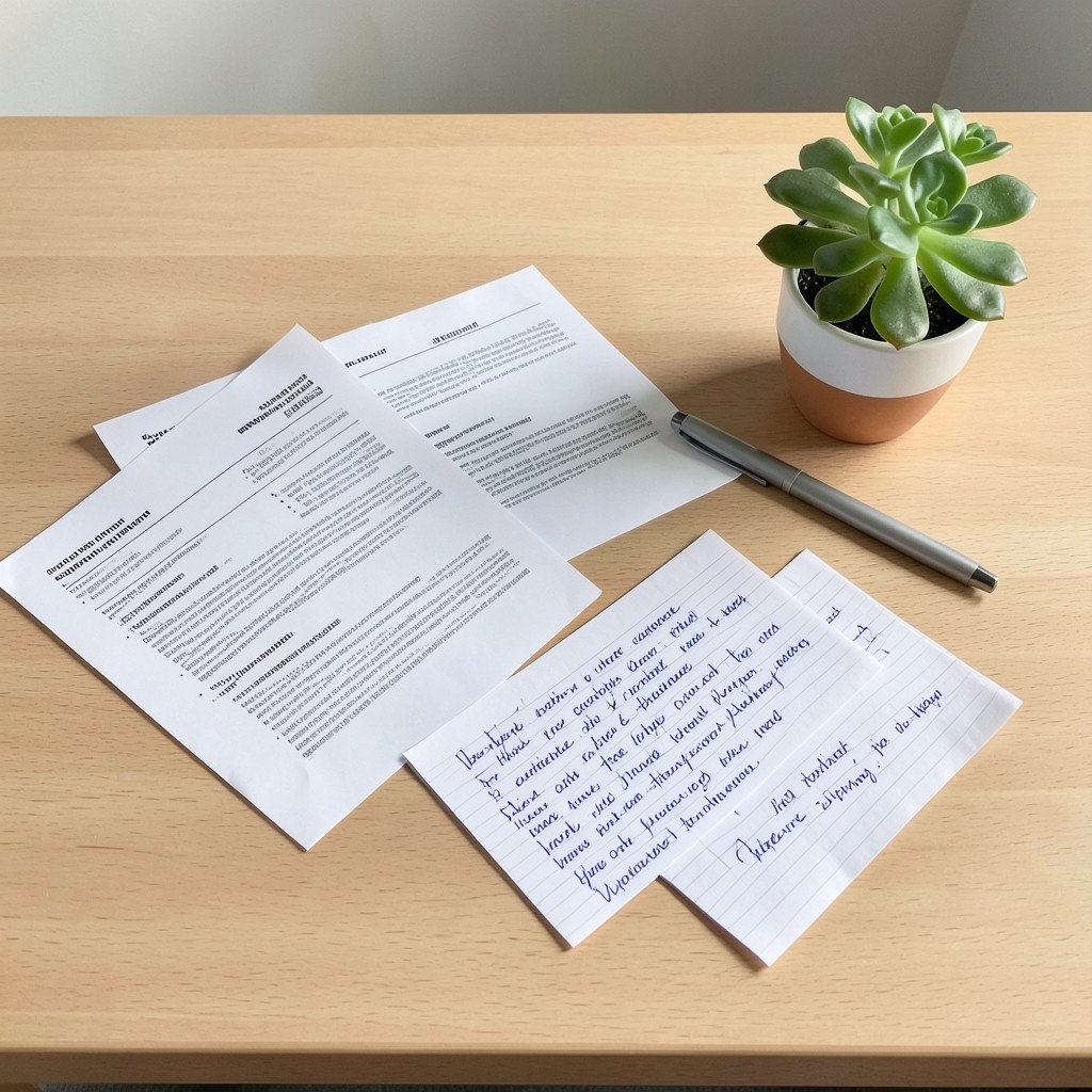 Notizen und Bewerbungsunterlagen für Verkauf und Kundenservice